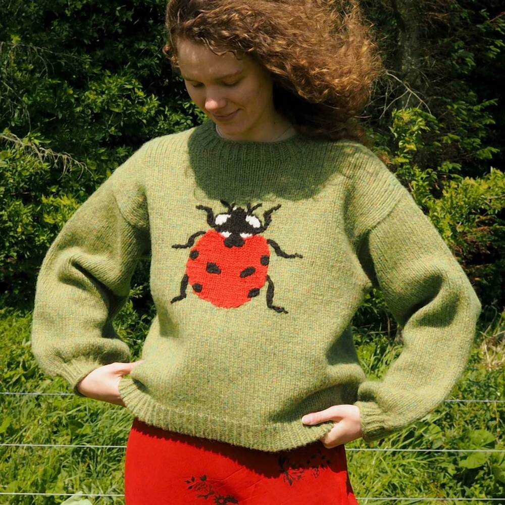 NEW ROSA CLOTHING ladybug ribbed knit sweater in green